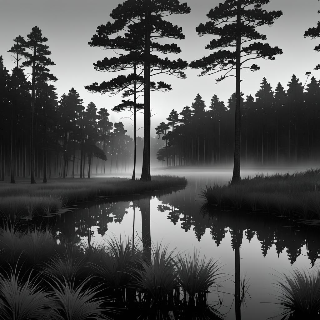 Ethereal Whispering Pines in Misty Marshland