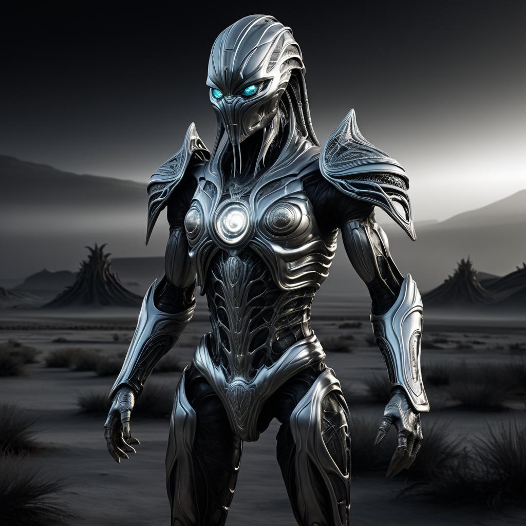 Silver Mutant in Giger's Dark Landscape