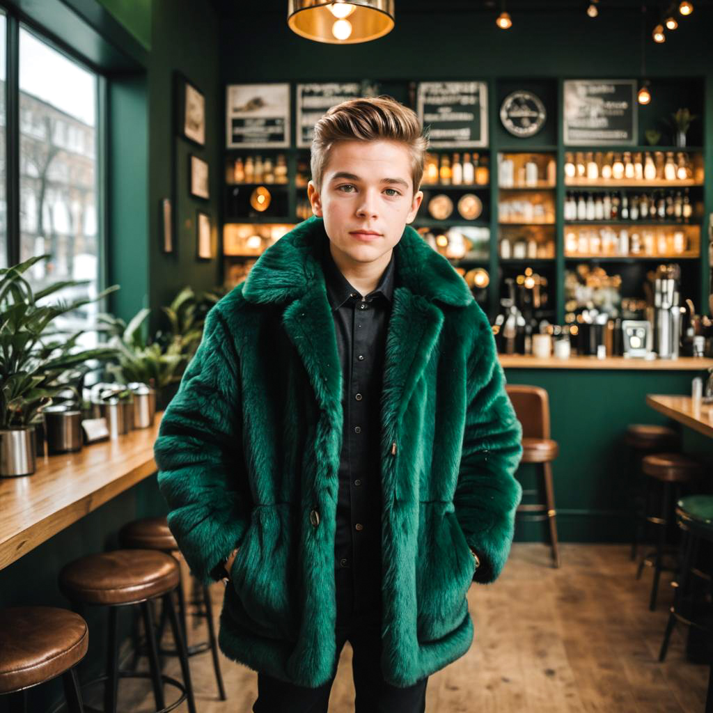 Chic Boy in Green Faux Fur Coat