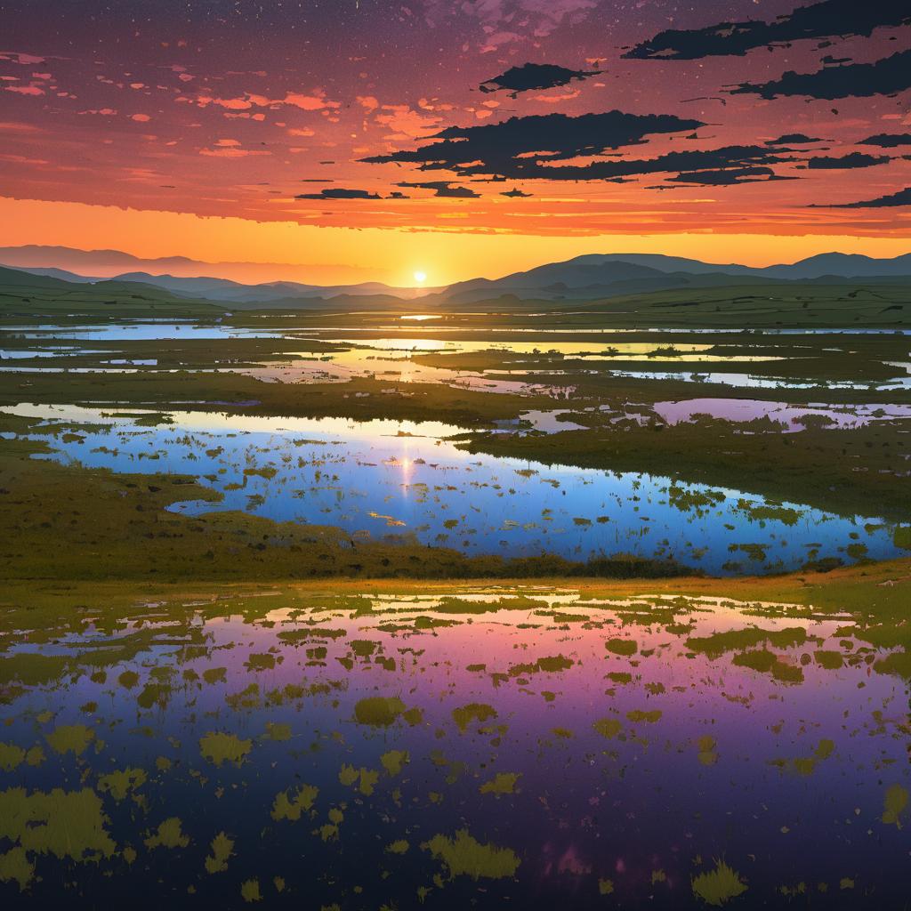 Vibrant Sunset Over Marshy Wetlands