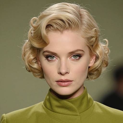 Photograph of a fair-skinned woman with short, curly blonde hair, blue eyes, and green turtleneck, gazing directly at the camera
