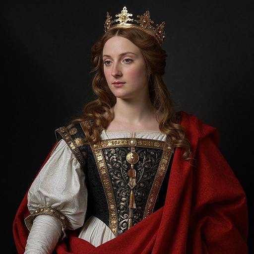 Photograph of a fair-skinned, brown-haired queen with a gold crown, wearing an ornate black and gold dress, white sleeves, and red