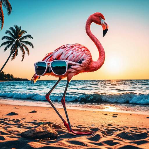 Flamingo with Sunglasses on Tropical Beach Sunset
