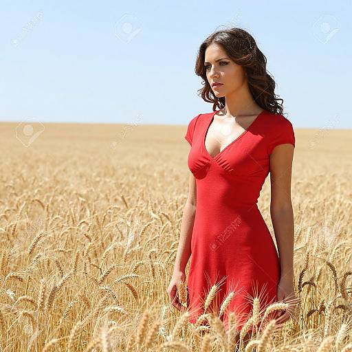 Photograph of a brunette woman with wavy hair in a red dress standing in a sunlit golden wheat field, looking to the side.
