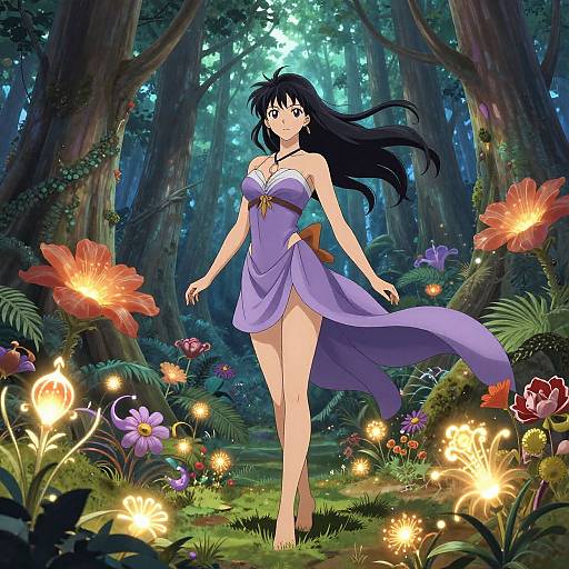 Anime-style digital illustration of a beautiful, black-haired woman in a flowing purple dress, walking through a magical forest filled with glowing flowers and ethereal lights