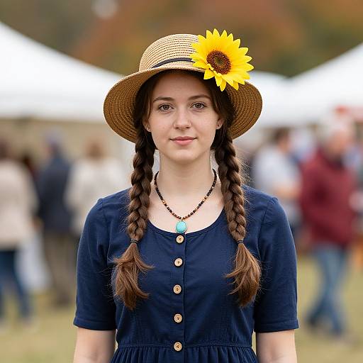 Photograph of a young woman with braided brown hair, wearing a straw hat with a sunflower, navy dress, and black necklace, standing outdoors