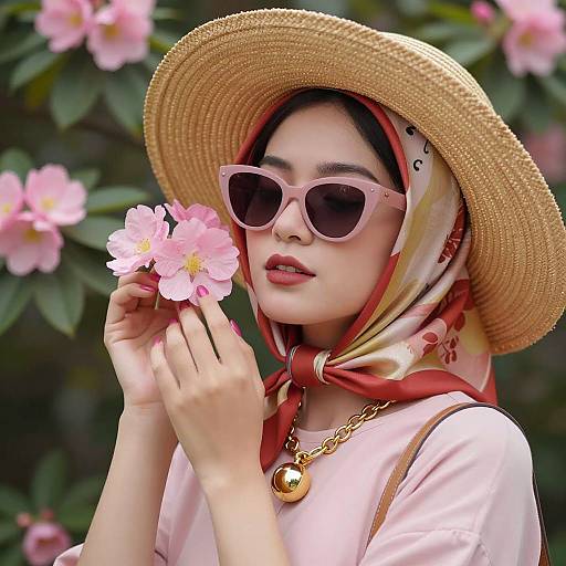 Elegant Woman with Pink Flowers and Hat