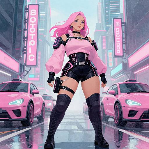 Digital artwork of a pink-haired woman in a futuristic neon city, wearing a white crop top, black shorts, thigh-high boots, and harness, fl