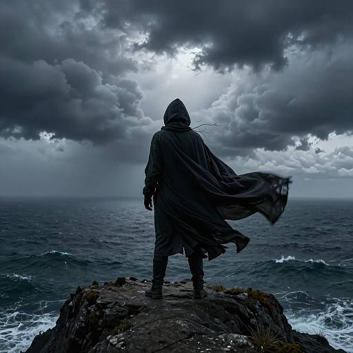 Photograph of a hooded figure in a flowing cloak, standing on a rocky cliff, facing a stormy, overcast sea. Dark, mo