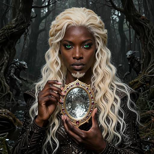 Photograph of a dark-skinned woman with long, wavy platinum blonde hair, green eyes, holding a reflective, ornate mirror in a dark