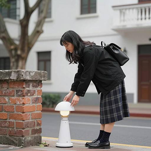 Asian Woman Adjusting Lamp in Urban Setting