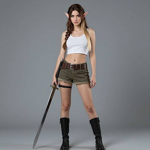 Photograph of a young, slender, elf-like woman with pointed ears, wearing a white crop top, green shorts, black boots, and holding a
