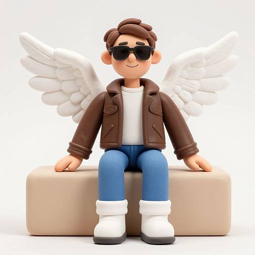 3D CGI angel character with brown hair, black sunglasses, brown jacket, white shirt, blue jeans, white boots, and white wings, sitting on