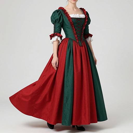 Photograph of a woman in a dark green and red Renaissance-style dress with puffed sleeves, white lace trim, and a corseted bodice