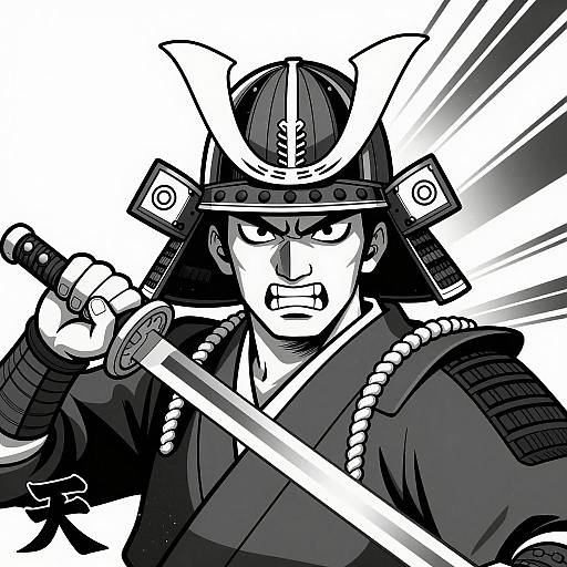 Fierce Samurai Illustration in Black and White