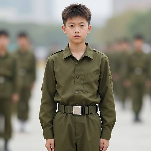 Photograph of an Asian boy in a military-style green uniform with black belt, standing in a blurred outdoor setting with other uniformed individuals in the background