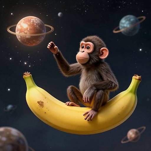 CGI image of a curious monkey with black fur and pink ears, sitting on a yellow banana in outer space, reaching for a planet with rings.