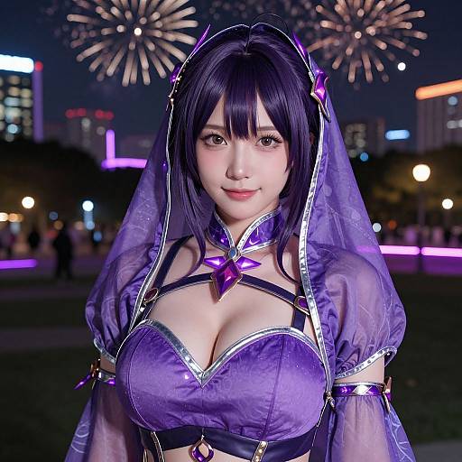 Digital artwork of a beautiful Asian woman with black hair, purple fantasy dress, and veil, against a nighttime cityscape with fireworks.