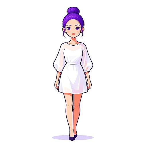 Digital anime-style drawing of a purple-haired woman in a white, long-sleeve, knee-length dress and black shoes, standing against a plain white