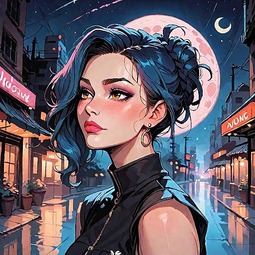 Digital art: Stylish woman with blue hair and red lipstick stands in a neon-lit, moonlit urban street, shops glowing in background.