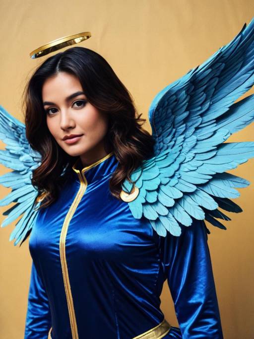 Woman in Blue Angel Wings Costume with Halo