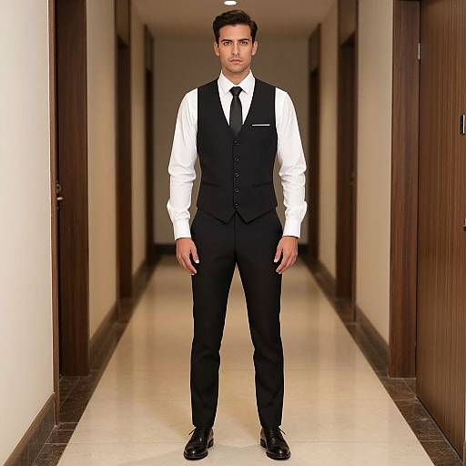 Photograph of a man in a white dress shirt, black vest, tie, and pants, standing in a long, narrow, wooden hallway.