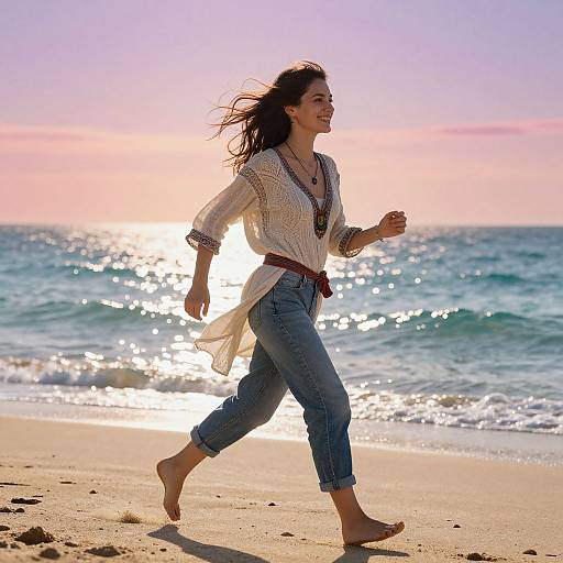 Photograph of a smiling woman with long brown hair, wearing a white lace blouse and blue jeans, running barefoot on a sunlit beach at sunset