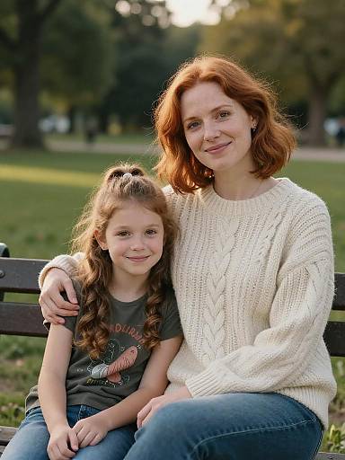 Mother and Daughter Sitting on Park Bench