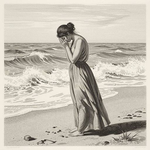 Praying Woman on Beach Lithograph