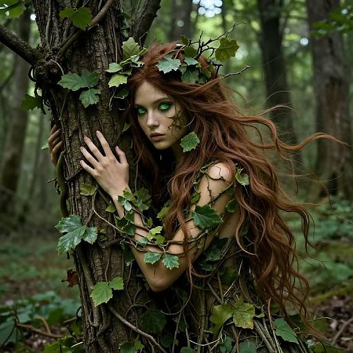 Photorealistic digital artwork of a mysterious, green-eyed woman with long, wavy auburn hair, cloaked in ivy, hiding behind