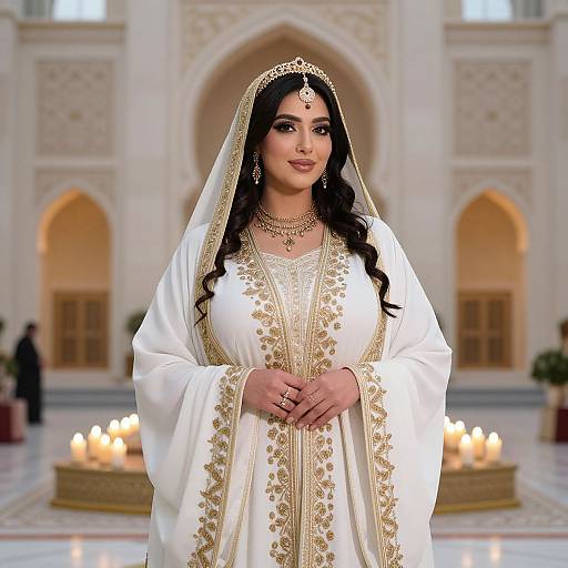 Photograph of a South Asian bride in a white, gold-embroidered traditional outfit, standing in an ornate, candlelit mosque.
