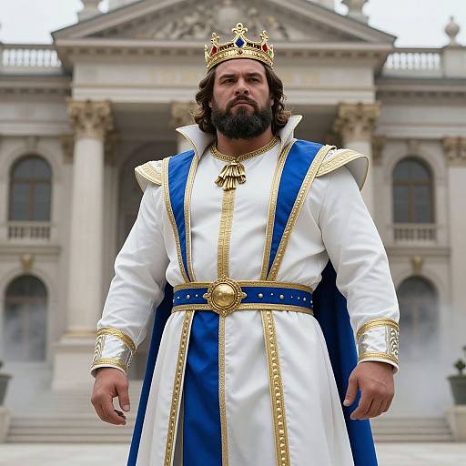 Photograph of a bearded man with curly hair, wearing a gold crown, white and blue regal robe, standing in front of an ornate