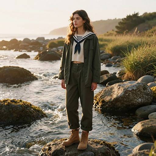 Woman Standing on Rock by Coastal Tidepool at Golden Hour