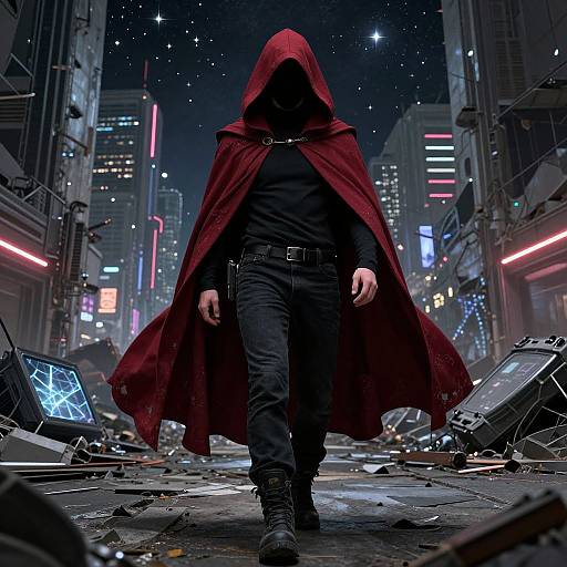 Mysterious figure in a red hooded cloak walks through a neon-lit, futuristic, ruined city street at night, face obscured. Digital art.