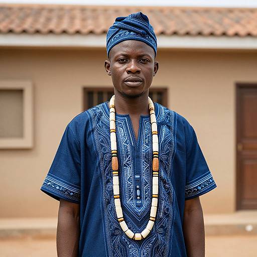 Photograph of a young African man with dark skin, wearing a blue patterned shirt, blue headwrap, and long white bead necklace, standing in