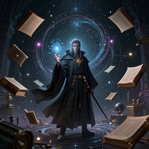Digital artwork of a regal, blue-eyed wizard in black robe, holding a staff, surrounded by floating books, stars, and a cosmic backdrop.