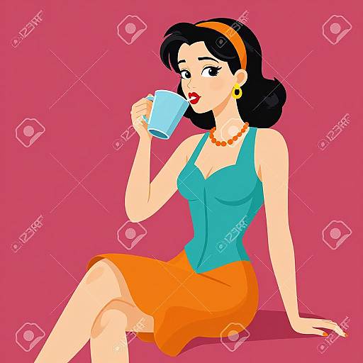 Digital illustration of a retro-styled woman with black hair, orange headband, yellow earrings, turquoise top, orange skirt, sipping from a blue