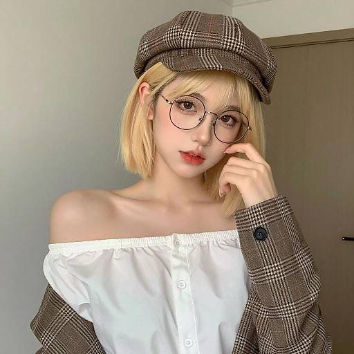 Young Woman in Plaid Cap Portrait