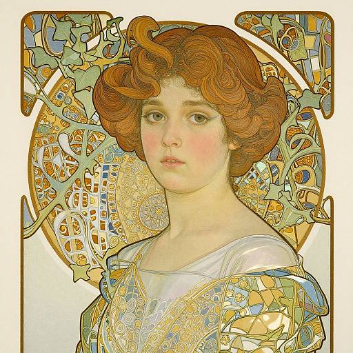 Detailed Art Nouveau portrait of a fair-skinned, red-haired woman with curly hair, wearing an ornate, golden-patterned dress, set against