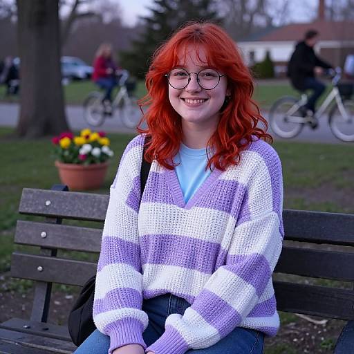 Photograph of a smiling woman with red hair, wearing glasses and a white-striped purple sweater, sitting on a wooden bench in a park with bicycles and