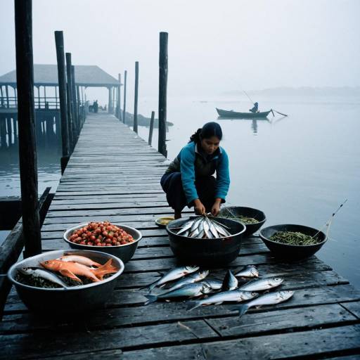 Fisherwoman Sorting Fresh Catch on Misty Pier