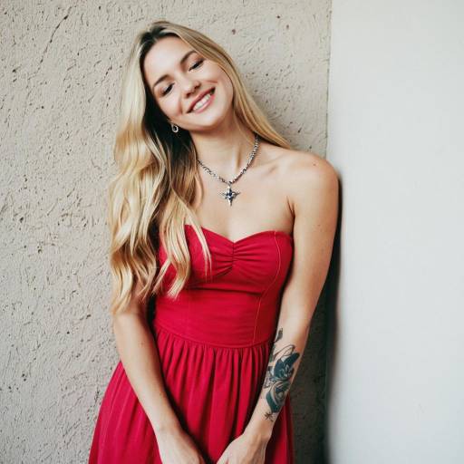 Smiling Woman in Red Strapless Dress