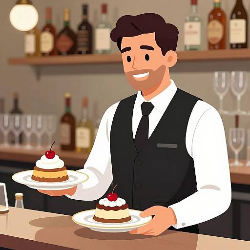 Smiling Male Waiter Serving Desserts