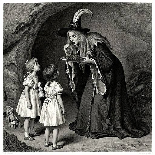 Black-and-white illustration of a witch in a long, dark robe with a feathered hat, offering a plate of berries to two curious children in white