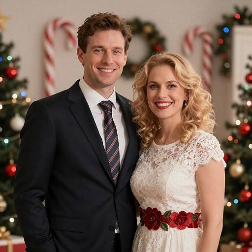 Photograph of a smiling couple in formal attire; the man in a black suit and striped tie, the woman in a white lace dress with red rose