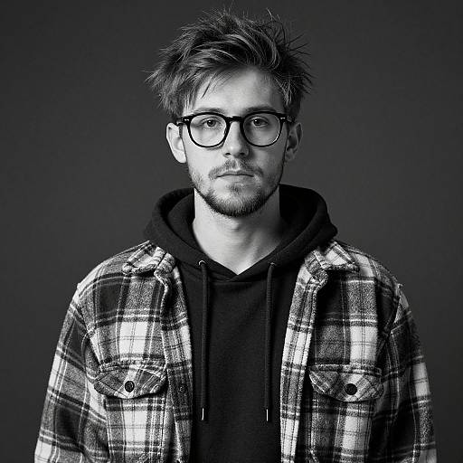 Black-and-white photograph of a young man with messy hair, beard, glasses, wearing a plaid shirt over a black hoodie, looking directly at the