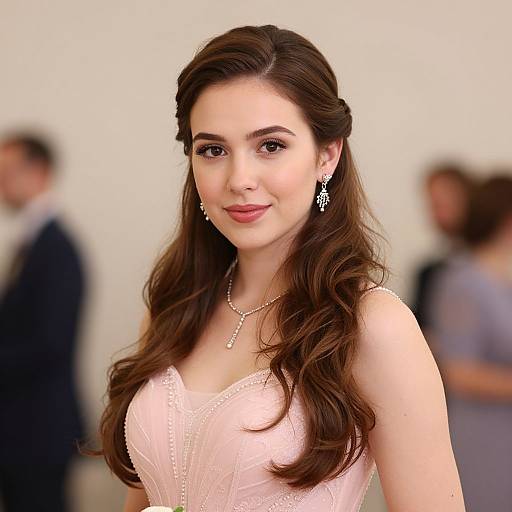Photograph of a young woman with long brown hair, wearing a pink lace dress, silver necklace, and earrings, smiling softly against a blurred white background