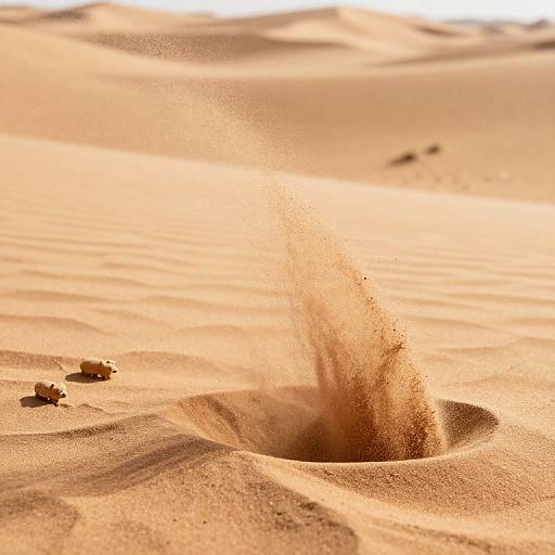 Photograph of golden sand dune with a small sandstorm erupting from a hole, sunlight casting shadows, and two small rocks nearby.