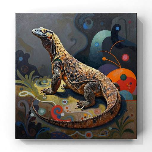 Digital painting of a textured, patterned lizard on a colorful, abstract background with swirling shapes and vibrant orange, blue, and red elements.