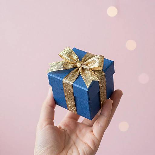 Hand Holding Blue Gift Box with Gold Ribbon